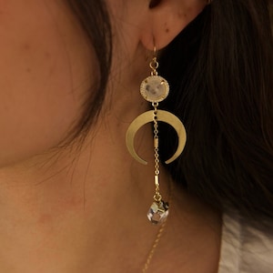 14K Gold-Filled Drop & Dangle Earrings The Master Healer Brass Moon, Quartz Connector, Herkimer Diamond, Healing Crystal, Healing Stone image 4