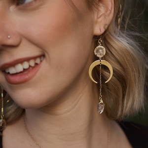 14K Gold-Filled Drop & Dangle Earrings The Master Healer Brass Moon, Quartz Connector, Herkimer Diamond, Healing Crystal, Healing Stone image 1