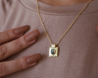 14K Gold-Filled Labradorite Charm Necklace (The Shield) Labradorite Gemstone, Protection Gemstone, Gold Gemstone Charm, Labradorite Crystal