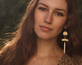 White Turquoise Dangle Earrings (The Writer's Voice) White Turquoise Pendant, Brass Drop Earrings, Brass Accessory, Labradorite Connector