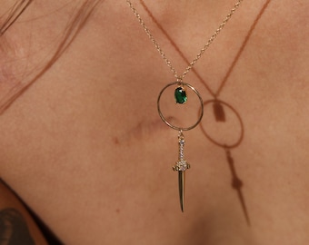 Dagger Necklace, Emerald Gold Necklace, Daggers for Women, Emerald Necklace, Emerald, Gemstone Necklace, Gold-Filled Necklace, Gifts for Her