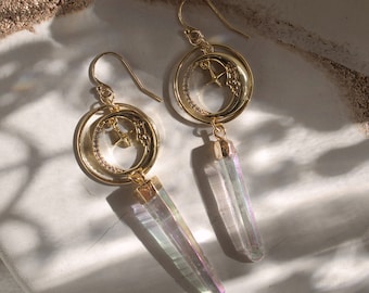 Gold-Filled Celestial Earrings, Crystal Earrings, Gemstone Summer Jewelry, Gifts for Her, Dangling Earrings, Minimalist Earrings, Quartz