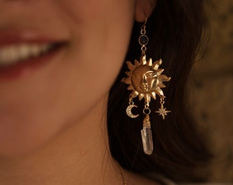 Brass, Gold-Filled Dangle Earrings (The Radiant Sun) Sun Earrings, Moon Earrings, Stars Earrings, Labradorite Earrings, Moonstone Earrings