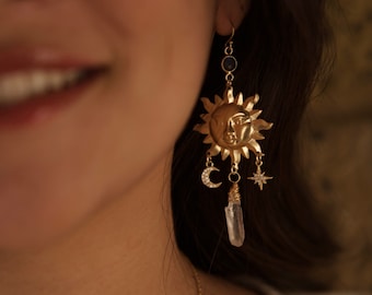 Brass, Gold-Filled Dangle Earrings (The Radiant Sun) Sun Earrings, Moon Earrings, Stars Earrings, Labradorite Earrings, Moonstone Earrings