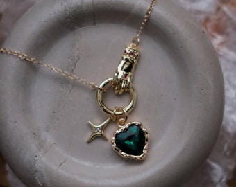 Emerald Heart Necklace, Gold-Filled, Dainty Heart, Mystical Jewelry, Love Stone, Heart Pendant, Gifts for Her, Boho Style, Emerald Jewelry