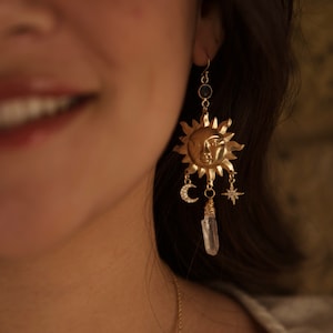 Brass, Gold-Filled Dangle Earrings (The Radiant Sun) Sun Earrings, Moon Earrings, Stars Earrings, Labradorite Earrings, Moonstone Earrings