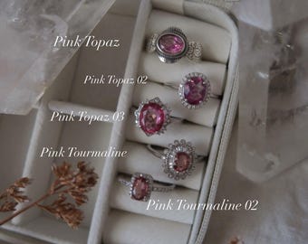 Pink Topaz & Tourmaline Rings, Sterling Silver Statement Ring, Blush Gemstone Ring c Adjustable Rings,Feminine Crystal Jewelry