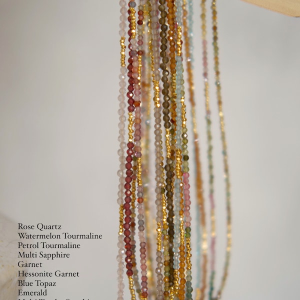 Genuine Gemstone Beaded Necklace (The Better Beaded) Gold-Vermeil Spacers, Crystal Beads, Gold-Filled Clasp, Crystal Beads, Green Cats Eye