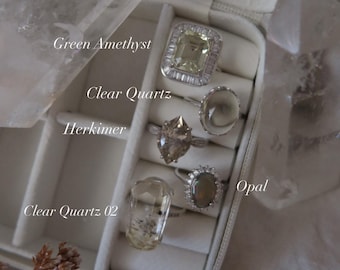 Clear Quartz, Herkimer, Opal, Green Amethyst Rings – Sterling Silver Adjustable Crystal Rings for Clarity, Intuition & Light Energy