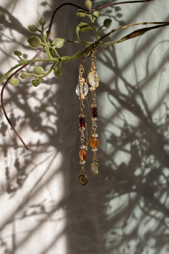Citrine Garnet Hessonite Earrings, Gemstone Dangle Earrings, Boho Crystal Earrings, Celestial Jewelry, Witchy Jewelry, Handmade Earrings