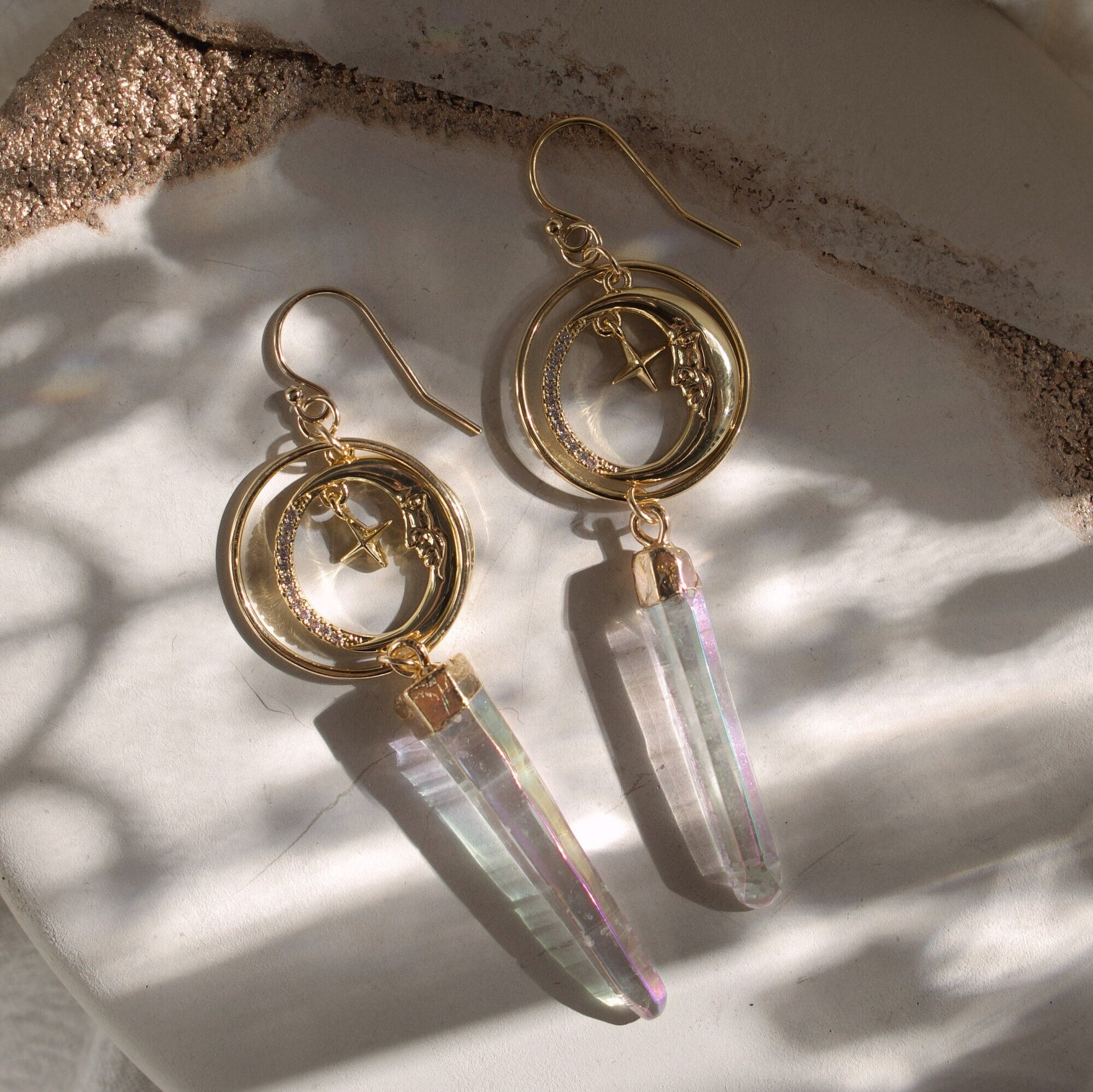 Gold-Filled Celestial Earrings, Crystal Earrings, Gemstone Summer Jewelry, Gifts for Her, Dangling Earrings, Minimalist Earrings, Quartz