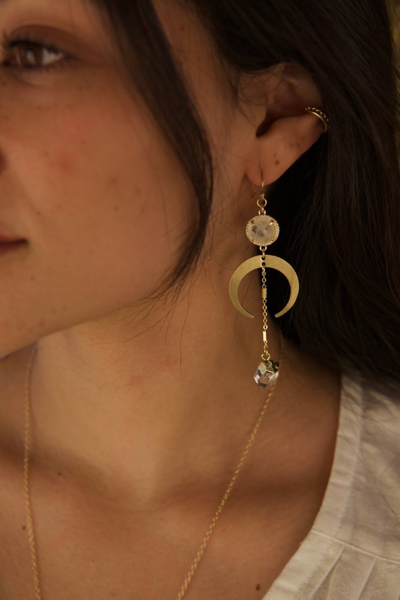 14K Gold-Filled Drop & Dangle Earrings The Master Healer Brass Moon, Quartz Connector, Herkimer Diamond, Healing Crystal, Healing Stone image 4