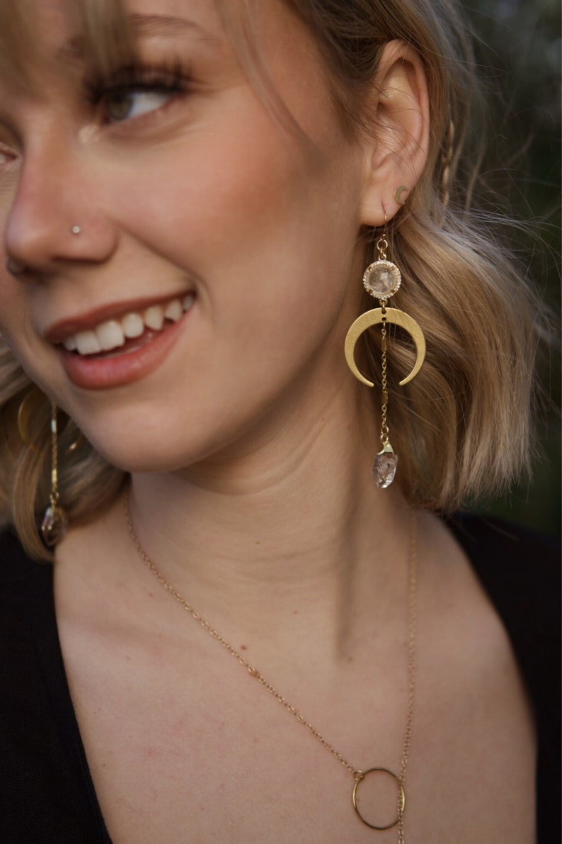 14K Gold-Filled Drop & Dangle Earrings The Master Healer Brass Moon, Quartz Connector, Herkimer Diamond, Healing Crystal, Healing Stone image 1