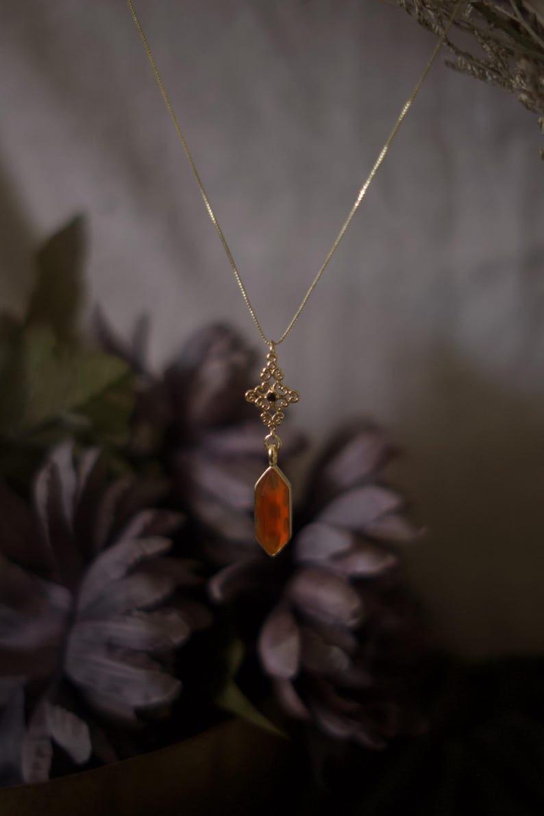 Op de afbeelding: Een goudkleurige ketting met een hanger met een oranjerode edelsteen. De hanger hangt aan een fijne ketting en heeft een sierlijke bovenkant. De achtergrond is wazig, met donkerpaarse bloemen. Sieraad.