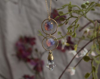 Opalescent & Quartz Pendant Necklace • Gold Filled Chain • Celestial Gemstone Necklace • Statement Opal Jewelry • Handmade Quartz Drop Neckl