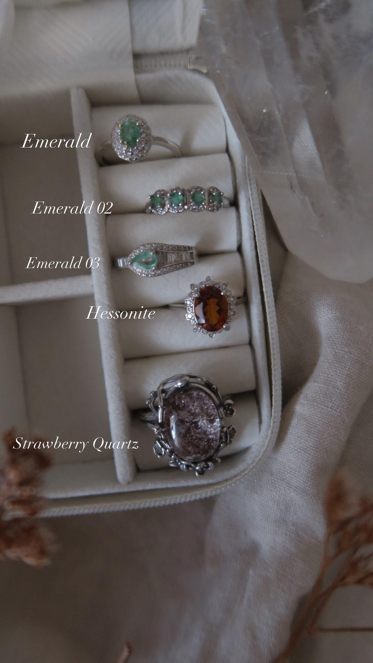 Emerald, Hessonite & Strawberry Quartz Rings – Sterling Silver Adjustable Gemstone Rings – Earthy Crystal Jewelry for Healing