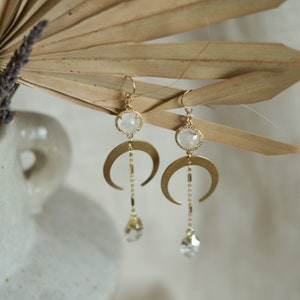 14K Gold-Filled Drop & Dangle Earrings The Master Healer Brass Moon, Quartz Connector, Herkimer Diamond, Healing Crystal, Healing Stone image 3
