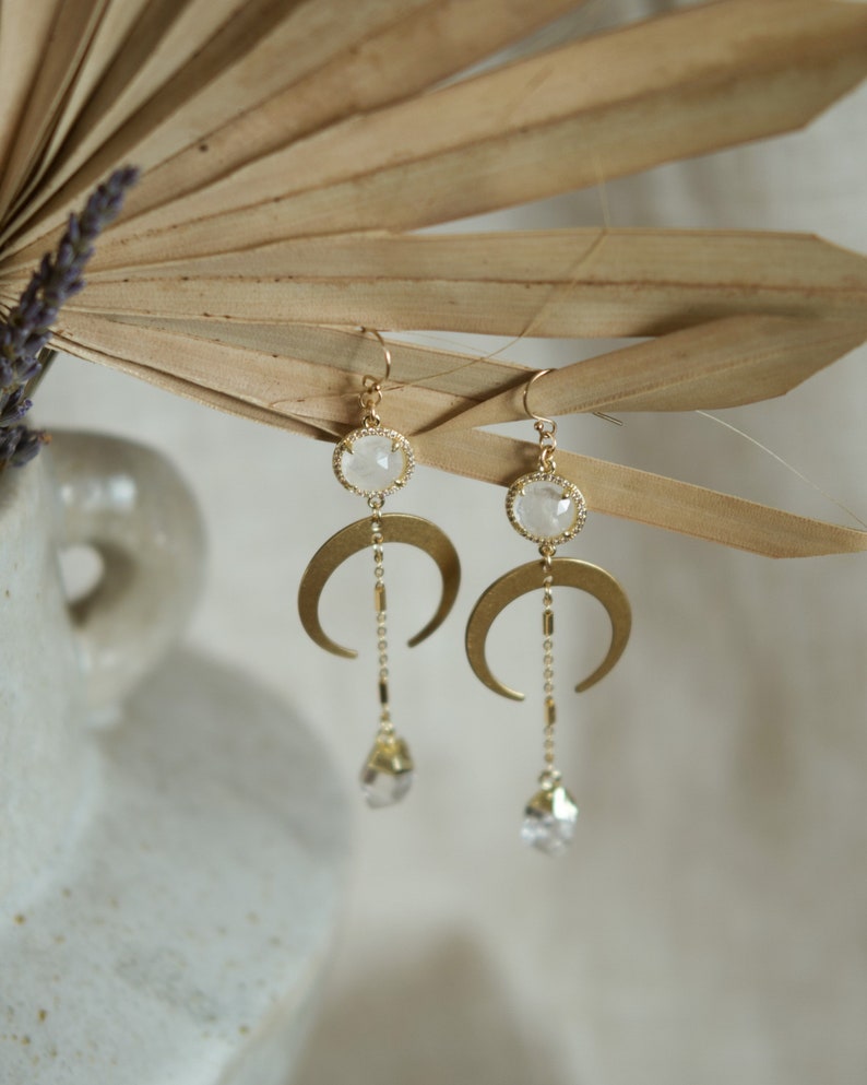 14K Gold-Filled Drop & Dangle Earrings The Master Healer Brass Moon, Quartz Connector, Herkimer Diamond, Healing Crystal, Healing Stone image 3