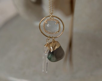 Gold-Filled Gemstone Necklace, Angelite Pendant Necklace, Emerald & Quartz Necklace, Spirtual Necklace, Consciousness Jewelry, Gold Necklace