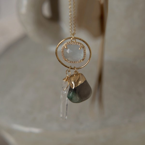Gold-Filled Angelite, Emerald, Quartz Charm Necklace (The Deep End) Angelite Charm, Quartz Gemstone, Emerald Pendant, Spiritual Stones