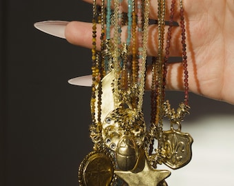 Mystic Charm Beaded Choker Necklace | Gold Celestial Pendant Necklace | Moon, Star & Vintage Charm Jewelry | Handmade Gemstone Choker