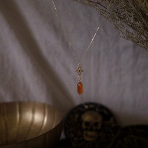 Op de afbeelding: Een goudkleurige ketting met een hanger. De hanger heeft een kruisontwerp met zwarte accenten en een druppelvormige oranje edelsteen. De ketting hangt tegen een neutrale achtergrond met gedroogde bloemen en een decoratieve kom.