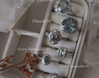 Green Tourmaline, Aquamarine & Fluorite Rings – Genuine Gemstone Rings in Sterling Silver – Adjustable Crystal Rings for Clarity