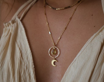 Gold-Filled Charm Necklace (The Power of Knowledge) Yellow Quartz, Lemon Quartz, Mult-Charm Necklace, Crescent Moon Charm, Moon Charm