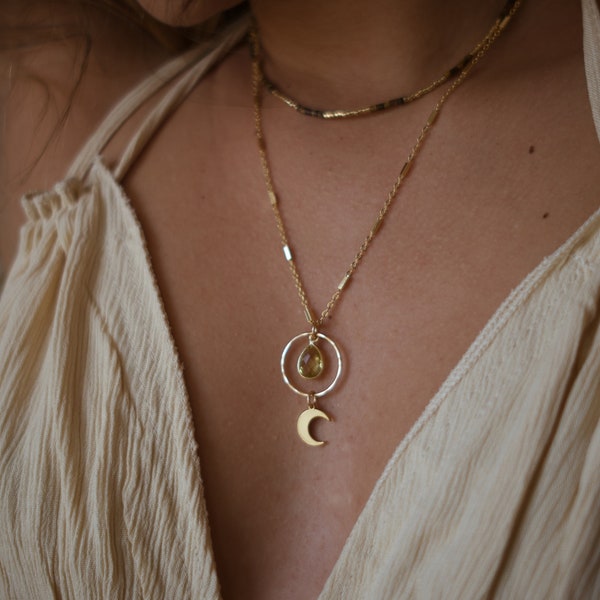 Gold-Filled Charm Necklace (The Power of Knowledge) Yellow Quartz, Lemon Quartz, Mult-Charm Necklace, Crescent Moon Charm, Moon Charm