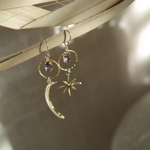 Gold-Filled Amethyst Moon/Stars Dangle & Drop Earrings (The Center of The Universe) Gemstone Hoops, Earrings Dangle Boho, Calming Stone