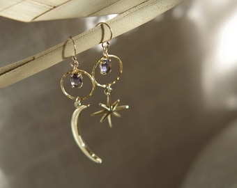 Gold-Filled Amethyst Moon/Stars Dangle & Drop Earrings (The Center of The Universe) Gemstone Hoops, Earrings Dangle Boho, Calming Stone