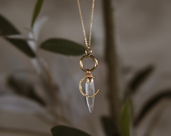 14K Gold-Filled Crescent Moon, Quartz Crystal Charm Necklace (The Self Healing Stone) Moon Charm, Moon Pendant, Quartz gemstone, Gold