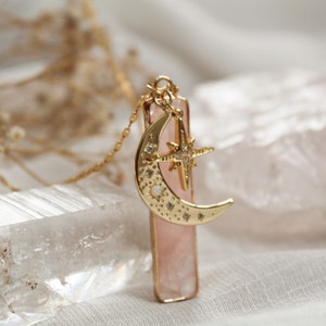 14K Gold-Filled Opal Necklace (The Universe) Charm Necklace, Opal Jewelry, Moon Necklace, Celestial Jewelry, Celestial Necklace, Rose Quartz