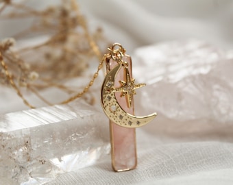 14K Gold-Filled Opal Necklace (The Universe) Charm Necklace, Opal Jewelry, Moon Necklace, Celestial Jewelry, Celestial Necklace, Rose Quartz