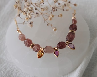 Gold-Filled Strawberry Quartz Necklace, Small Stone Bead Necklace, Quartz Necklace, Gold Jewelry, Healing Crystal Jewelry, Boho Jewelry