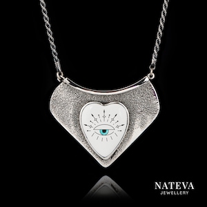 Evil Eye Heart Pendant, Protection Positive energy Pendant, Solid Silver 925 Personalized Ceramic Stone Necklace, Unique Charm