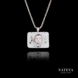Baby Photo Necklace, Birthday Photo Pendant, Solid Silver 925 Rectangle Pendant, Personalized Ceramic Stone Necklace