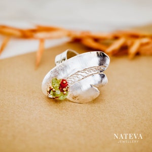 Silver 925 Wing Ring with Coral and Τourmaline Stones, Adjustable, Art Nouveau Flowery Silver