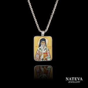 Saint Nectarios the Wonderworker Pendant, Handmade Rectangle Pendant, Solid Silver 925 Personalized Ceramic Stone Necklace