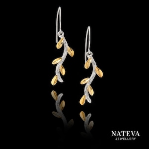 Rhodium Plated Silver 925 Olive Branch Earrings with Gold Plated Leaves