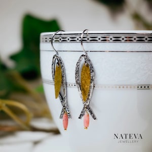 Silver 925 Fish Drop Earrings with Coral Stones