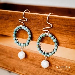 Silver 925 Hoop Dangle Earrings with Turquoise and Pearls, Handmade Antique Jewelry | Gift for Her