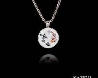 Two Koi Fish Pendant, Goldfish Necklace, Solid Silver 925 Personalized Ceramic Stone Necklace, Unique Charm