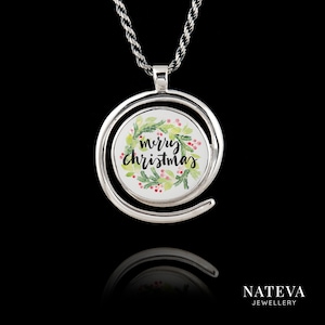 Merry Christmas Pendant, Solid Silver 925 Personalized Ceramic Stone Necklace