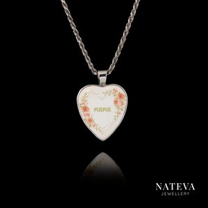 Mama Heart Pendant, Solid Silver 925 Personalized Ceramic Stone Necklace, Unique Charm