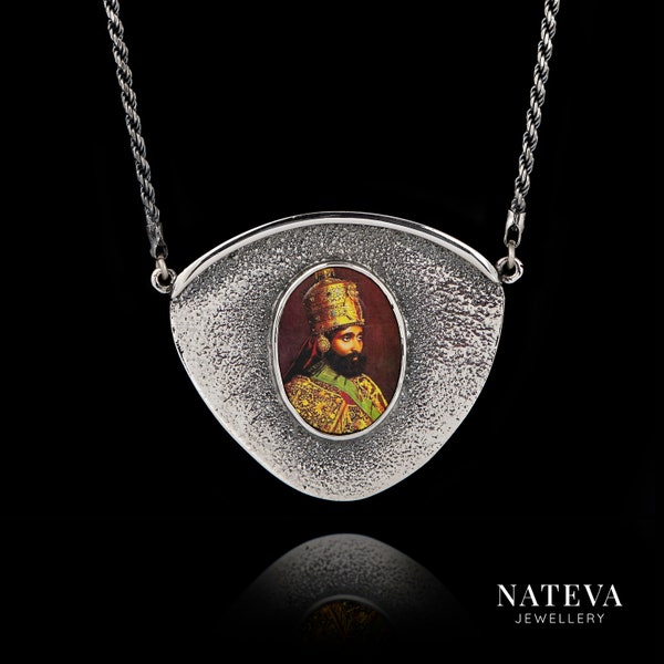Pendentif Haile Selassie Rastafari, collier Rastafari d'Éthiopie, collier personnalisé en argent 925 avec pierre en céramique