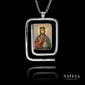 Christ the King Orthodox icon Handmade Pendant, Solid Silver 925 Personalized Ceramic Stone Necklace, Unique Charm