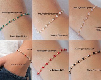 Black Onyx Rose Quartz Green Onyx Grey Moonstone Coral Multi Gemstone Bracelet Faceted Beads Wire Wrapped Beaded Anklet Dainty Rosary Chain