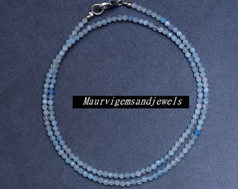 Milky Aquamarine Necklace, 2.5-3mm Aquamarine Micro Faceted Round Beads Necklace, Natural Aquamarine Beaded Necklace, Dainty Tiny Aqua Beads