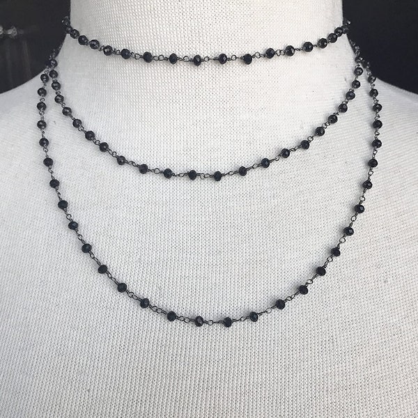 Black Spinel Beaded Necklace, Triple Layer Choker Chain Necklace, Stone Necklace, Modern Necklace, Faceted Rondelle Beads, Gunmetal Chain